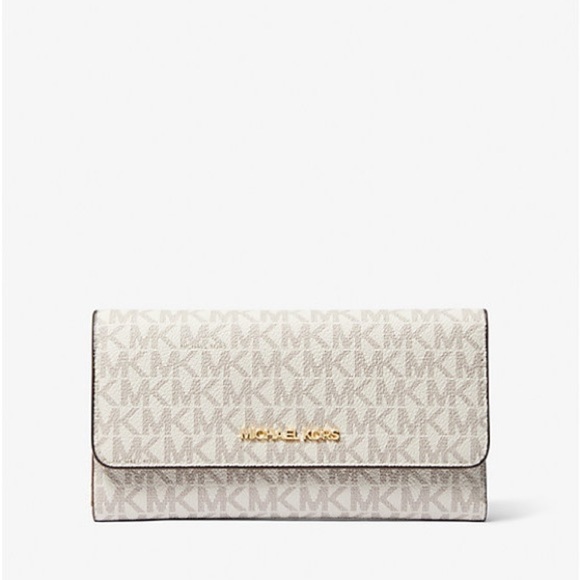 Michael Kors Cream Jet Set Large Logo Trifold Wallet - Picture 1 of 10
